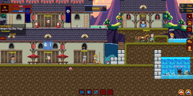 A 2D pixel art MMORPG game screenshot showing a village area with various characters named 'Shanks', 'Fairy', 'Fengho', 'gkkkk', 'Superv', 'Choppe', 'Vainos', and a chat message reading 'Nhiem Vu: Thu Thap' with a timer '0:40'.