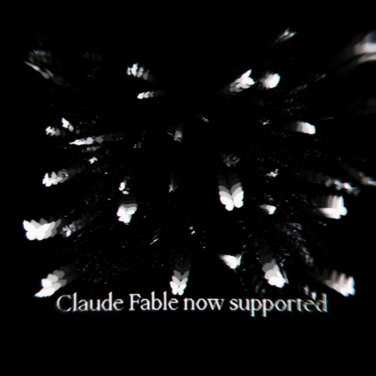 The image features a black background with white butterflies scattered throughout, creating an impression of a starburst effect or a fireworks display. The text "Claude Fabre now supported" is written below this visual spectacle, indicating that Claude Fabre's work has been appreciated and supported by the online community.