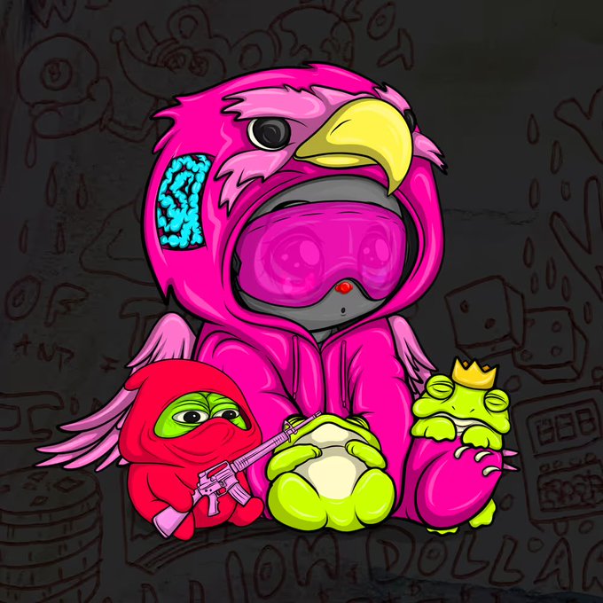 A vibrant digital illustration features a character in a bright pink eagle-themed hoodie with a futuristic purple visor, holding a green frog, alongside a small red ninja figure with a gun.