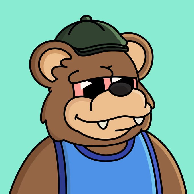 A cartoon illustration of a brown bear wearing a dark green cap, sunglasses, and a blue tank top, smiling with two prominent front teeth.