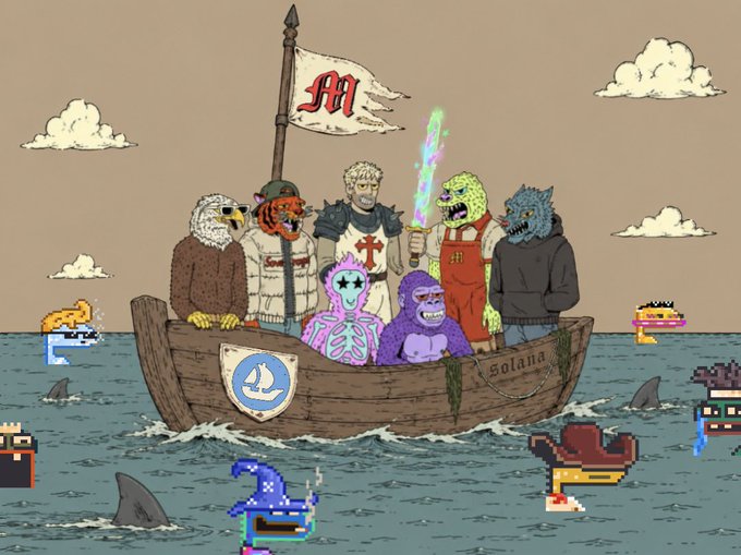 A cartoon illustration depicts various NFT characters including Milady and Solana-themed figures crowded onto a wooden boat sailing on water, with pixelated characters in the surrounding sea.