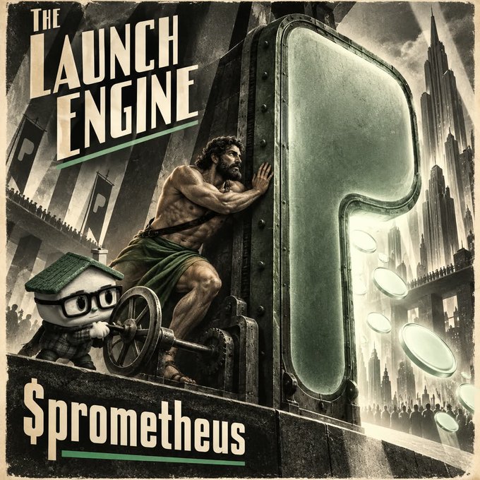 A promotional poster titled 'The Launch Engine $prometheus' featuring a muscular man pushing a giant question mark alongside a small character operating machinery.
