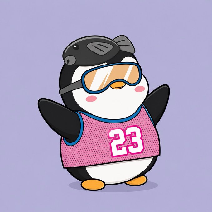 A cartoon penguin character wearing ski goggles, a swim cap, and a pink jersey with the number "23" stands with arms outstretched against a lavender background, fitting the cheerful, communal vibe of "Pudgy Penguins."