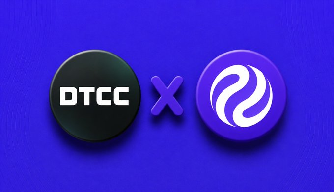 The image features two circular logos separated by an "X" symbol on a blue background: the black "DTCC" logo on the left and a purple logo with a white swirling design on the right, representing the partnership between DTCC and Injective for bringing traditional financial instruments onchain.