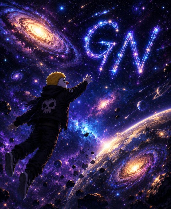 An anime-style illustration of a blonde character in a skull jacket reaching toward the glowing letters 'GM' written in stars amidst a cosmic galaxy background.