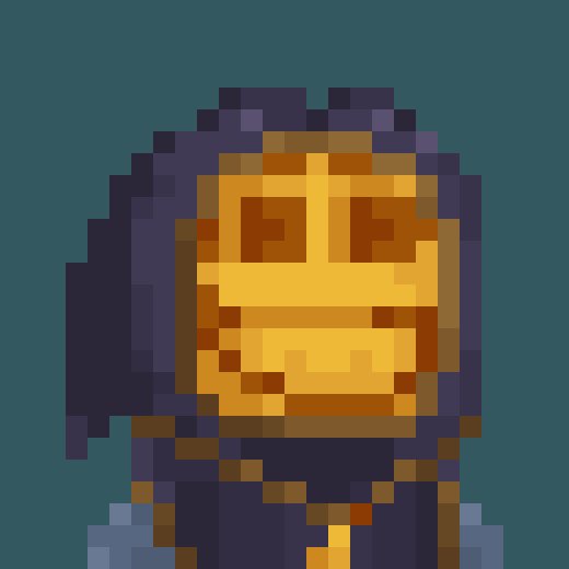 A pixel art portrait of a hooded figure with a large grinning orange pumpkin-like face and empty eyes, set against a teal background.