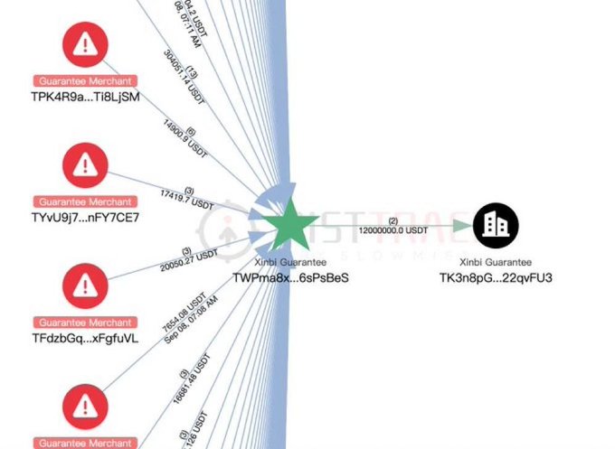 The image displays a transaction flow diagram from Xinbi Guarantee (TWPmia8x...6sPsBeS) showing 12 million USDT transferred to Tether's freezing address (TK3n8pG...22qvFU3), along with multiple "Guarantee Merchant" addresses marked with warning symbols, including TPK4R9a...Ti8LjSM, TYVU9j7...nFY7CE7, and TFdzbGq...xFgfuVL, with individual transaction amounts ranging from 174.18 to 50,951.4 USDT—visually representing Tether's freezing of funds linked to the Xinbi Guarantee operation.