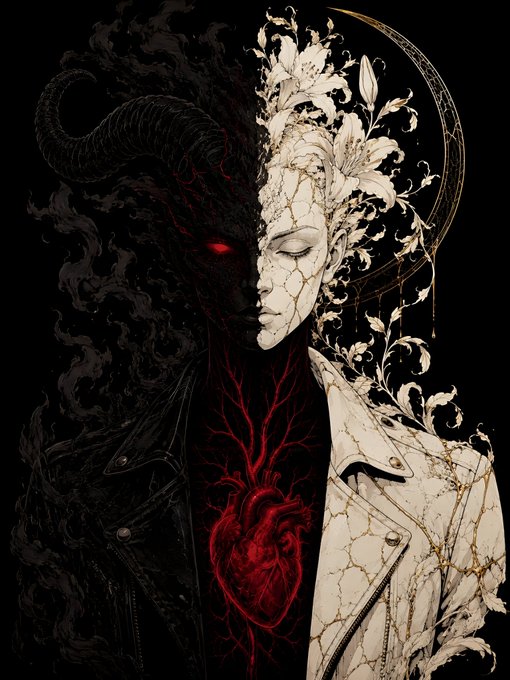 A dark fantasy illustration of a split-face character: the left half is a black demon with horns and a red eye, while the right half is a white porcelain figure with floral designs and closed eyes, featuring a red glowing heart.