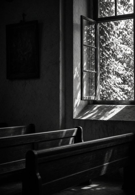 A black and white photograph showing sunlight streaming through an open window onto empty wooden pews, with a dark, framed picture hanging on the wall to the left.