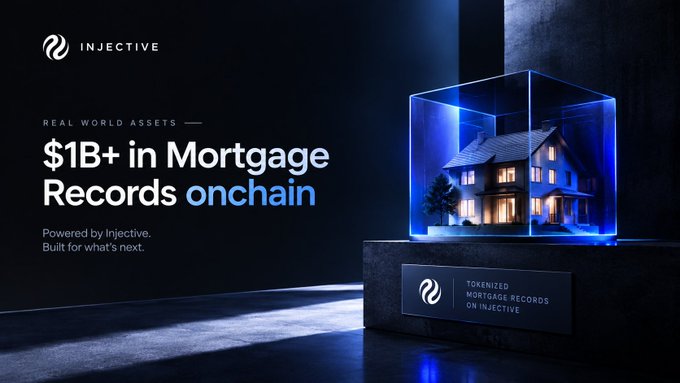 A promotional graphic for Injective announcing '$1B+ in Mortgage Records onchain' as 'Real World Assets', featuring a 3D render of a house displayed inside a glowing blue transparent cube on a pedestal labeled 'Tokenized Mortgage Records on Injective'.