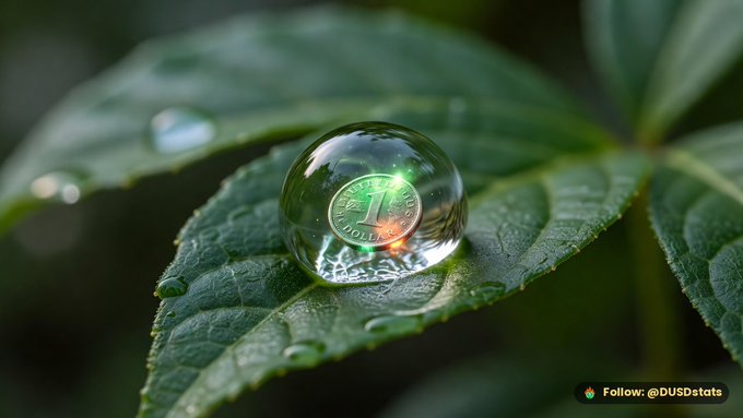 A glistening dewdrop rests on a green leaf, refracting light to reveal a glowing coin etched with "DUSD" and "$1," visually echoing the post's $0.00019250 #DUSD token reference. The spherical water droplet symbolizes transparency and liquidity, aligning with the stablecoin's branding.