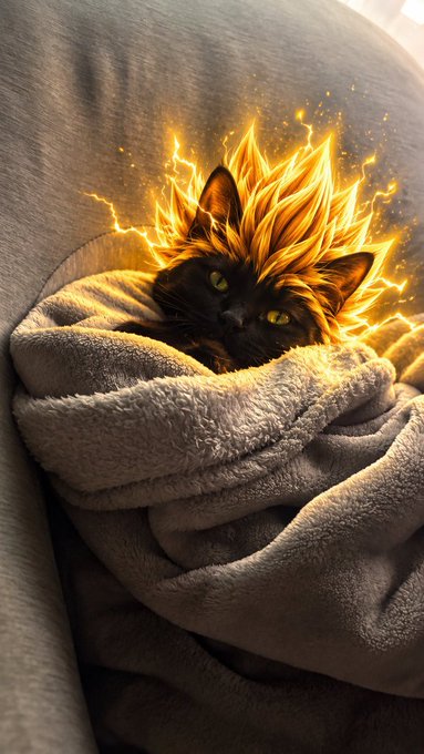 A digital artwork depicts a black cat wrapped in a beige blanket, with its fur appearing to be made of glowing golden flames resembling a Super Saiyan hairstyle.