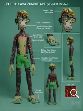 A character design reference sheet labeled 'SUBJECT: LAVA ZOMBIE APE (Model ID: BZ-764)' with annotations including 'Rock & Chain Headpiece', 'Lava-Cracked Suit', 'Melted Core Veining', 'Z-Core Power Plant', and 'Lava Core'.