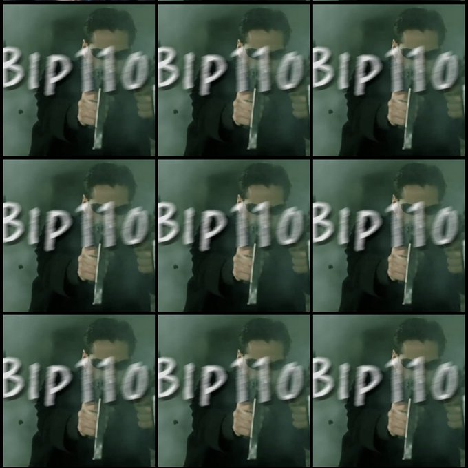 Nine-panel repeating meme showing a man in a trench coat pointing a gun at the camera with 'BIP110' written in bold white text overlaid on each frame.