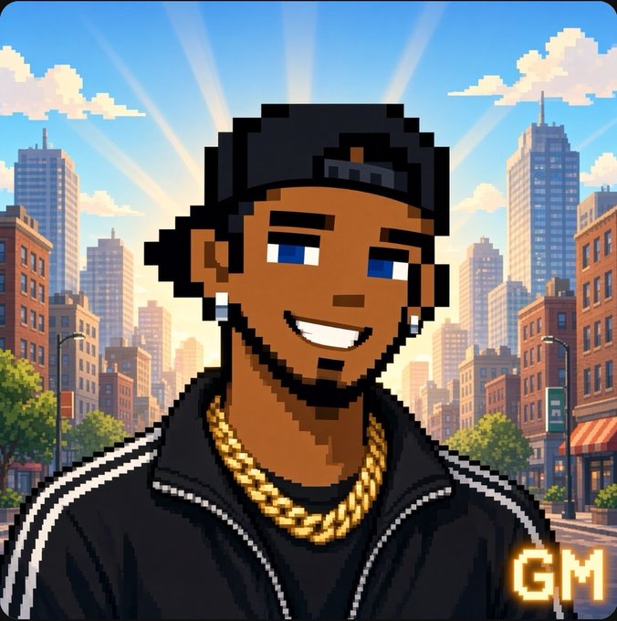 A pixel-art style illustration of a smiling young man wearing a black cap, gold chain, and black Adidas track jacket, with 'GM' displayed in the corner against a city skyline.