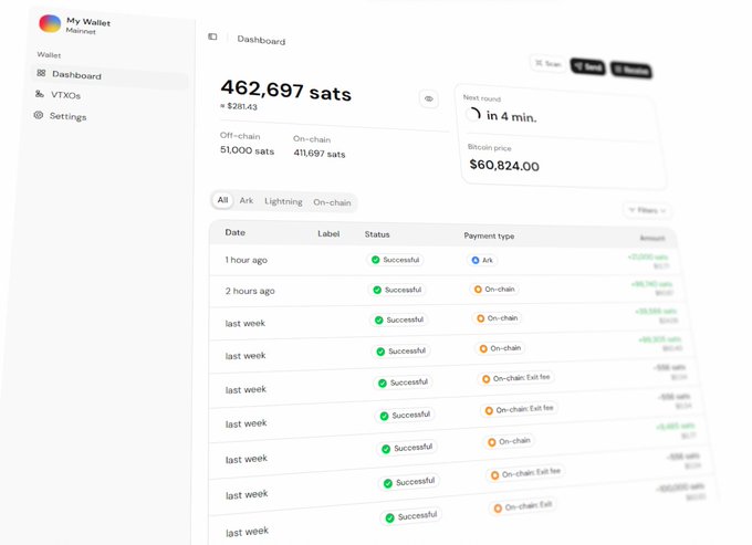 A screenshot of 'My Wallet' dashboard showing a balance of 462,697 sats (~$281.43), with off-chain 51,000 sats and on-chain 411,697 sats, Bitcoin price at $60,824.00, and a transaction history list.