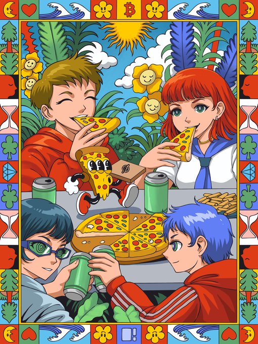 The image features a group of people sitting around a table enjoying pizza together. There are four main characters depicted, including two boys and two girls. The table has several pizzas placed on it, along with cans of soda. A cartoon character is also present in the scene. The background includes a colorful frame that adds to the overall atmosphere of the image. The post mentions that "May 2026 has officially wrapped! A big thank you to everyone who supported this amazing release, with 64 editions illustrated by @benangbaja and dedicated to @Pizza_DAO were collected!"