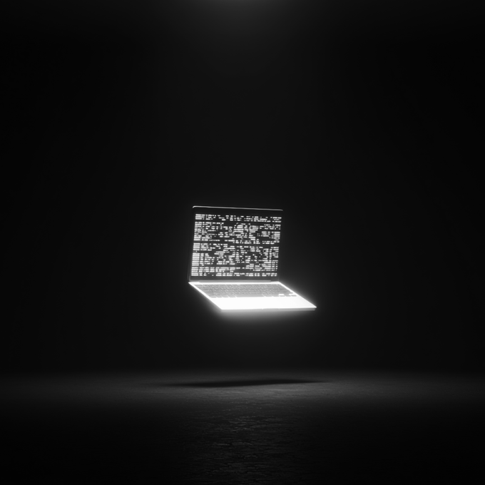 A glowing laptop suspended in a dark void displays scrolling code, symbolizing the plug-and-play blockchain infrastructure offered by Exchange OS for building onchain trading venues without coding from scratch. The illuminated screen against the darkness evokes the idea of bringing digital financial markets to life with minimal friction.
