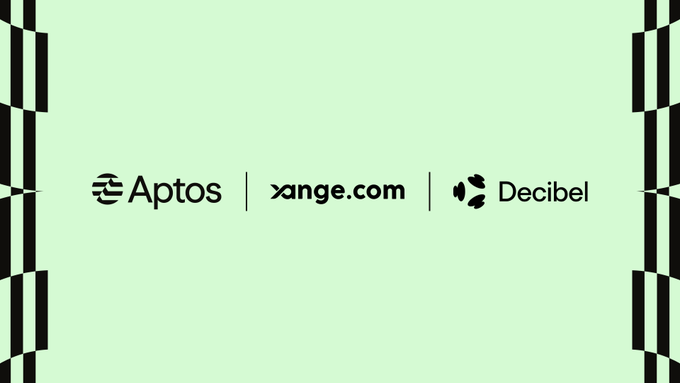xtos, xage.com, and decibel logos are arranged diagonally on a light green background with black stripes.