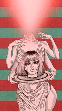 An illustration of a figure in a red and green striped setting with another headless figure holding up a tray, from which a girl's head emerges with a red beam above her.