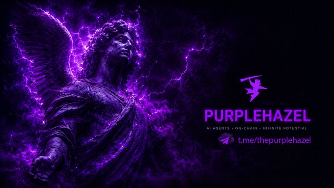 The image features a purple statue of an angel with wings, standing against a black background that has purple lights shining through it. Below the statue, there's text that reads "Purplehazel" followed by "Aliens are coming". The phrase "The signal is gathering. Our Telegram is open. Be early. Be inside the haze before it spreads." is also present in the image.