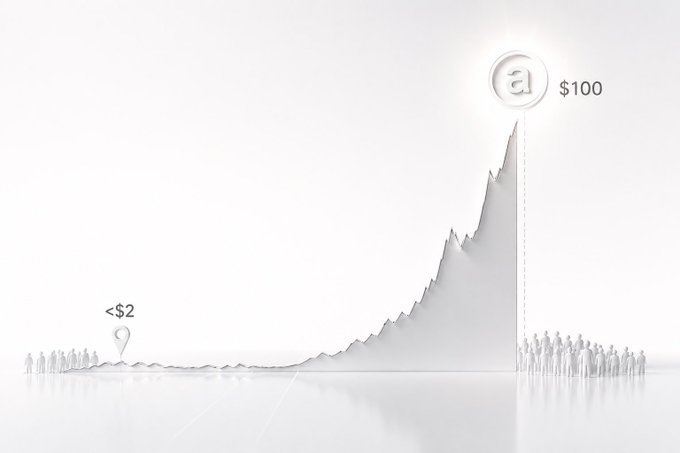 A minimalist illustration showing a mountain-like growth chart with tiny human figures at the base, marked '<$2' on the left and '$100' at the peak with an 'a' logo.
