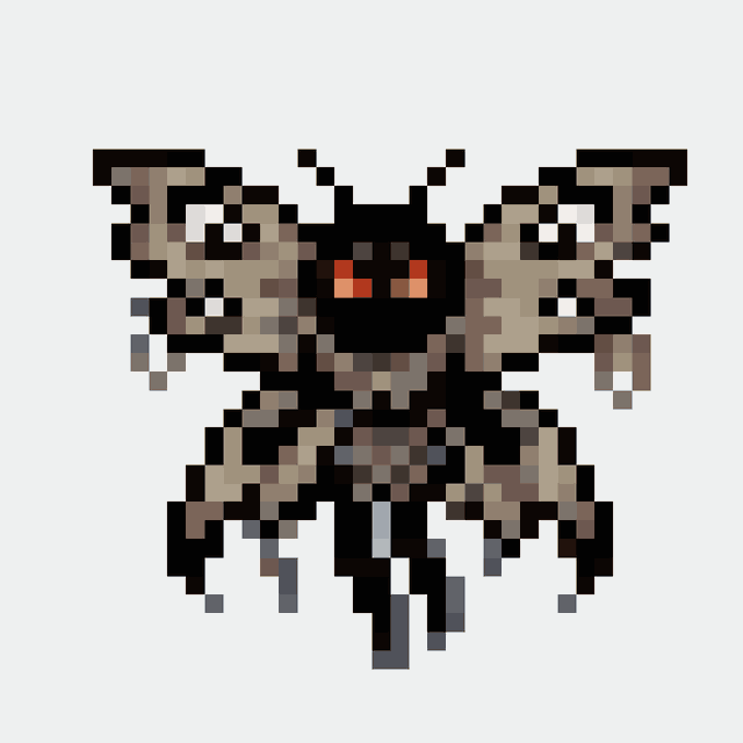 A pixel art sprite of a large, menacing moth or insect-like creature with expansive wings and glowing red eyes.