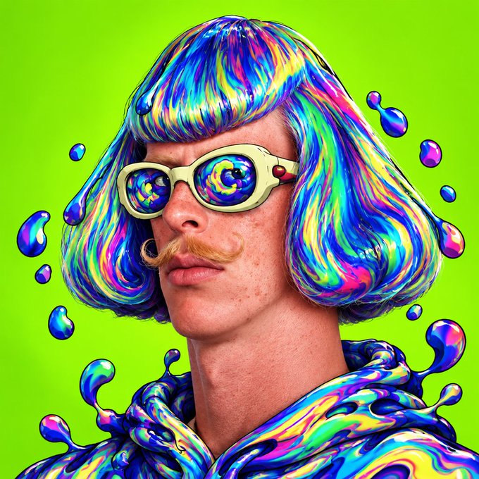 A vibrant, surreal digital artwork of a man wearing a colorful rainbow bob wig and hoodie, with matching swirl-patterned sunglasses against a bright green background.