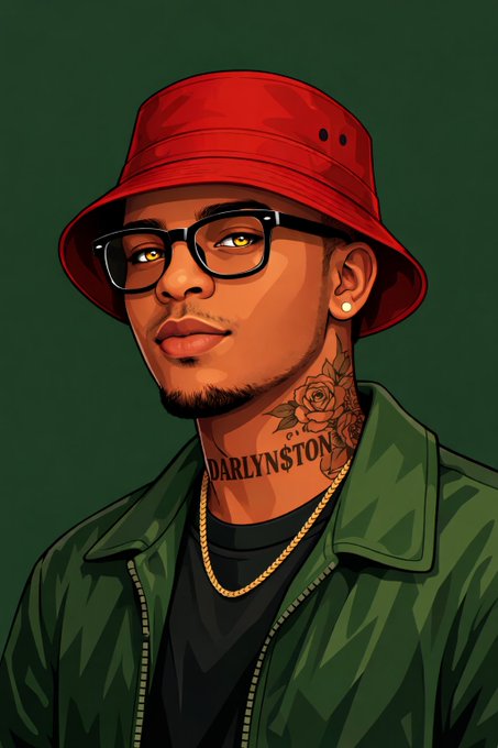 A digital portrait illustration of a young man wearing a red bucket hat, black glasses, and a green jacket, featuring a rose tattoo and 'DARLYNSTON' text tattooed on his neck, with yellow eyes.