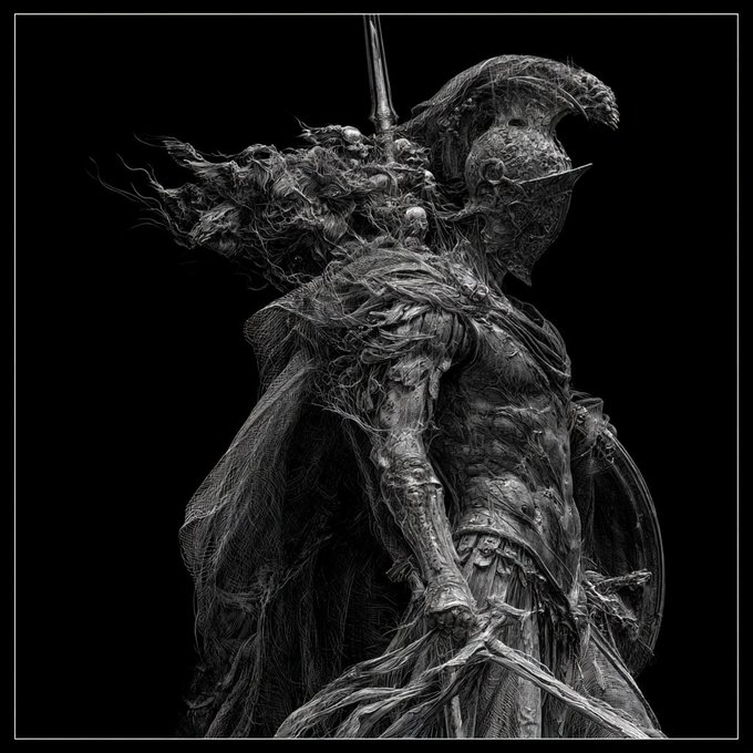 A dark, monochromatic fantasy illustration of a knight in ornate, decayed armor with tattered fabric and a horned helmet, holding a sword against a black background.