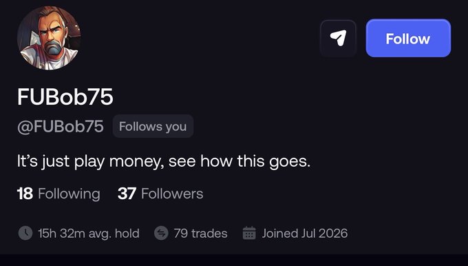 A screenshot of an X (Twitter) profile for "FUBob75" (@FUBob75), who "Follows you," has 37 followers and 18 following, joined in July 2026, with 79 trades and a bio stating "It's just play money, see how this goes." The image illustrates the user's point about brand-new traders entering the space via platforms like Fomo, supporting the claim that $CATE already has 7,000+ holders drawn in by this new audience.