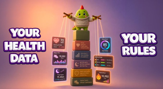 A colorful graphic featuring a cute green dragon mascot controlling a marionette of health metrics panels (BMI, heart rate, sleep, steps, etc.) with the text 'YOUR HEALTH DATA YOUR RULES'.