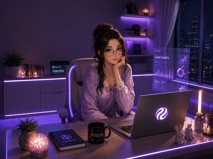 The image features a woman sitting at her desk, wearing glasses and a purple outfit, with a laptop computer open before her. She appears to be focused on something on the screen of her laptop. The room has purple lighting that creates a calm atmosphere. There are several potted plants in the background, adding greenery to space. A candle is also present in the scene, further enhancing the ambiance.

The image includes text that reads "China biggest hackathon is getting ready to begin More than 3,000 hackers have already registered and the journey is just starting $INJ is proud to be the exclusive blockchain Co Host for AdventureX This event is bringing together talented students developers and creators who". The woman's presence in front of her laptop suggests she might be working on a project related to the hackathon or simply browsing the internet.