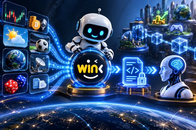 A futuristic digital artwork featuring a friendly robot character with 'wink' branding surrounded by cryptocurrency symbols, sports, dice, and AI/tech imagery.