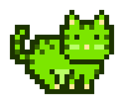 A small pixel art sprite of a green cat-like creature with a lighter green face and tail on a white background.