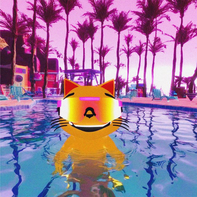 An orange cat character wearing reflective visor sunglasses floats in a pool surrounded by palm trees under a vibrant pink sunset sky. The image's carefree, vacation-like aesthetic perfectly captures the fun, summery spirit of "Joycat July."