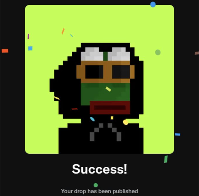 The image shows a "Success!" notification on a black background, confirming that a drop has been published, featuring a pixel-art character with sunglasses, headphones, and a green shirt. This appears to relate to the celebratory post about revealing a new NFT drop, with the pixel-art avatar likely representing the creator or the "Rockguardian" NFT being launched on OpenSea.