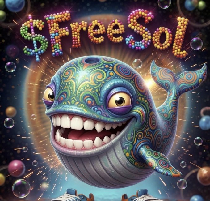 A vibrant, psychedelic digital artwork of a grinning, colorful cartoon whale wearing sneakers, with "Stress Sol" spelled out in bubble letters above it.