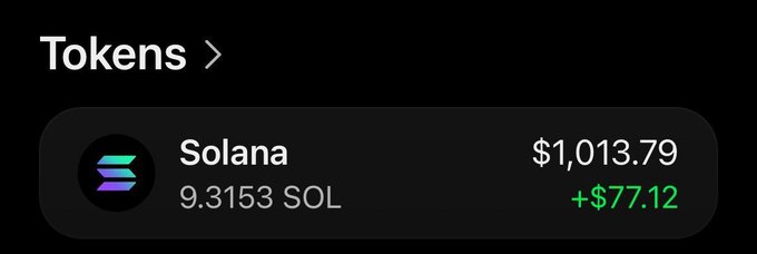 A screenshot shows a crypto wallet display reading "Tokens >" with a Solana balance of 9.3153 SOL valued at $1,013.79, showing a gain of +$77.12. The image appears to be used as "proof" to promote a supposed "$1000 SOLANA giveaway," a common tactic in cryptocurrency giveaway scams.