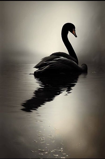 A serene black swan floats on calm, misty water, its reflection creating a mirror image in the gray-toned scene.