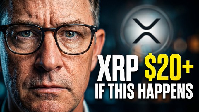 A YouTube thumbnail featuring a close-up of a bespectacled man beside the XRP logo, with bold text reading "XRP $20+ IF THIS HAPPENS," promoting a video that discusses a $32 XRP sell wall, 5 billion transactions, and the potential end of the bear market.