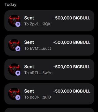 A mobile screenshot showing four "Sent" transactions today, each for -500,000 BIGBULL to different addresses (Zpv1...KiQk, EVMt...uuct, aRzL...5wYn, poDk...qujD), seemingly documenting the distribution of the 500,000 $BIGBULL airdrop claimed by participants of the SigmaBullX giveaway.