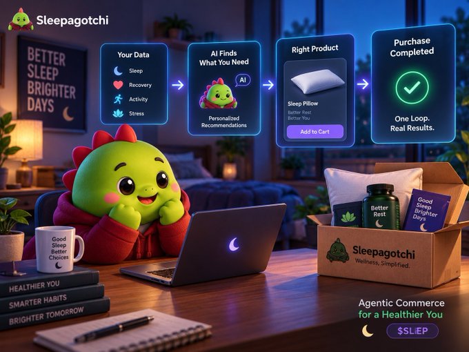 A promotional graphic for 'Sleepagotchi' showing a green dinosaur character using a laptop, with text 'Agentic Commerce for a Healthier You' and sections for 'Your Data', 'AI Finds What You Need', 'Right Product', and 'Purchase Completed'.