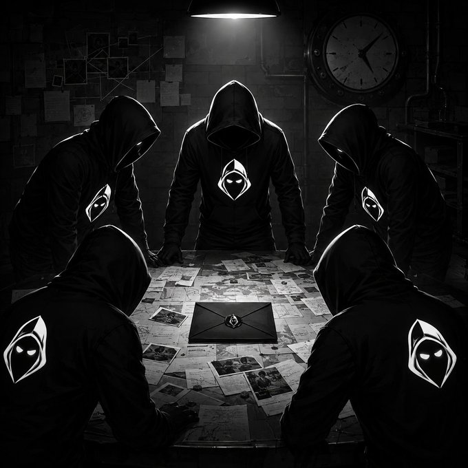 Five hooded figures with a distinctive hooded emblem on their chests gather around a table scattered with photographs, documents, and a sealed envelope under a single hanging light, with a large clock in the background—evoking a clandestine planning scene tied to the post's countdown of "3 DAYS LEFT for The HOOD Hunt" and "44 DAYS LEFT." The anonymous figures and ticking clock reinforce the urgency and mystery of the impending challenges described in the caption.