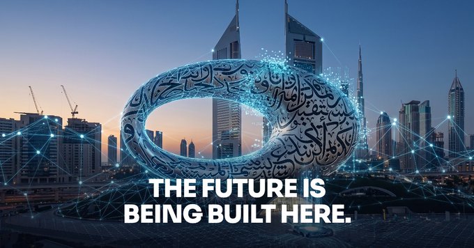 A futuristic digital rendering of Dubai's skyline at sunset features a large, illuminated torus shaped like an infinity symbol adorned with Arabic calligraphy, overlaid with a glowing network of connected nodes, accompanied by the text "THE FUTURE IS BEING BUILT HERE." The image visually reinforces the post's message by symbolizing Dubai's continuous innovation, its interconnected Web3 and blockchain ecosystem, and the limitless potential (infinity) of the city's role in shaping the future of finance.