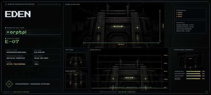 A dark, futuristic technical schematic displays a 'BUNKER CONSTRUCTION RECORD' for 'EDEN', featuring front, top, and side elevation views of a heavy industrial structure with associated facility class, operator 'orptpl', and structural integrity metrics.