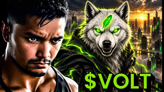 A man with a serious expression stands in front of a snarling wolf with glowing green eyes, with the text '$VOLT' displayed prominently in green.