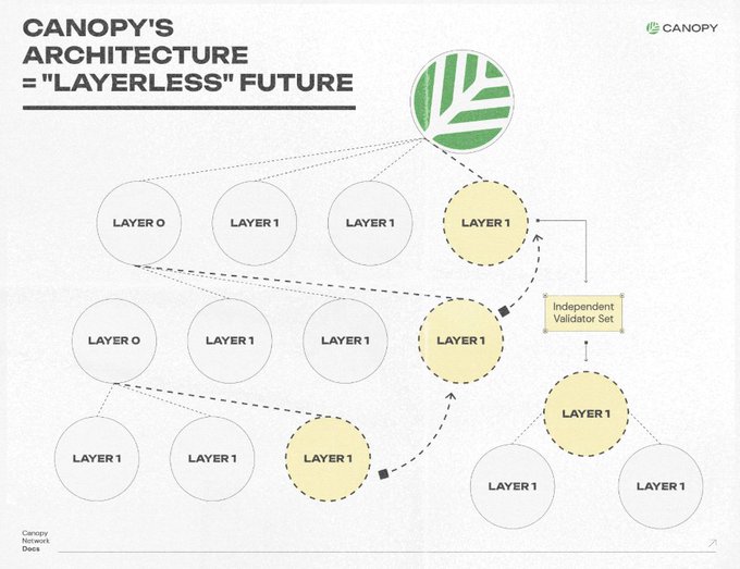 The image features a white paper with a detailed diagram of a layered structure, possibly representing a blockchain or cryptocurrency network. The diagram shows multiple circles connected by lines, symbolizing the flow of information within the system. A green leaf is present at the top center of the diagram, which could represent a central authority or a key component in the network. The text above the diagram reads "Canopy's Architecture e-Layered Future", indicating that this diagram represents the future architecture and design of Canopy's blockchain or cryptocurrency platform.