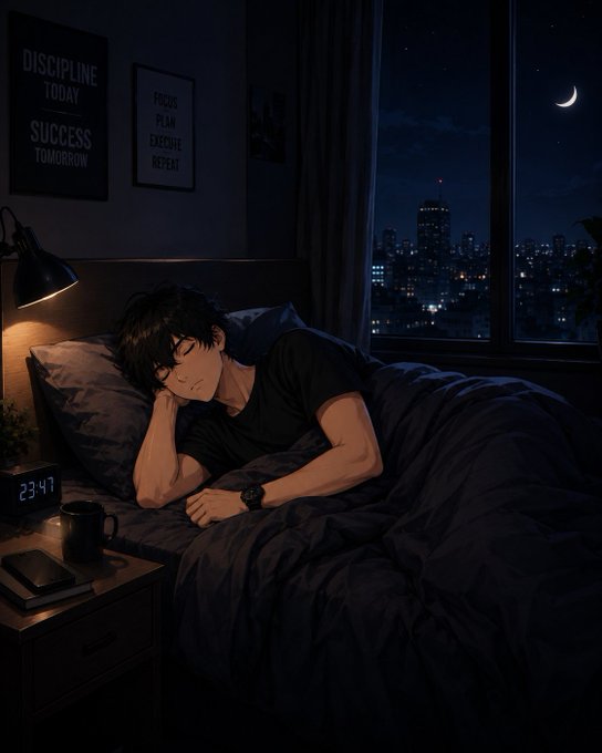 A young man sleeps peacefully in his bed under a dark blanket, with a digital clock reading "23:47" on the nightstand and motivational posters on the wall reading "DISCIPLINE TODAY, SUCCESS TOMORROW" and "FOCUS, PLAN, EXECUTE, REPEAT." The nighttime cityscape through the window and the late hour perfectly mirror the caption's theme of winding down after a day of focused grinding.