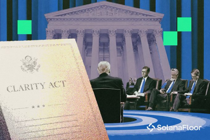 The image shows a document labeled "CLARITY Act" displayed in the foreground, with a backdrop featuring the U.S. Supreme Court building and what appears to be a Senate hearing or political discussion setting. The image visually reinforces the post's news about the upcoming CLARITY Act cloture vote in the Senate, where a Democratic counteroffer was rejected by Republicans.